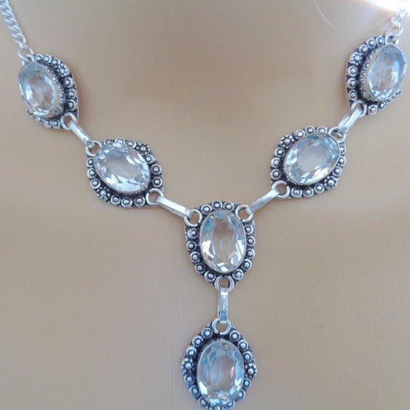 WHITE SAPHIRE NECKLACE EARRING 925 STERLING SILVER